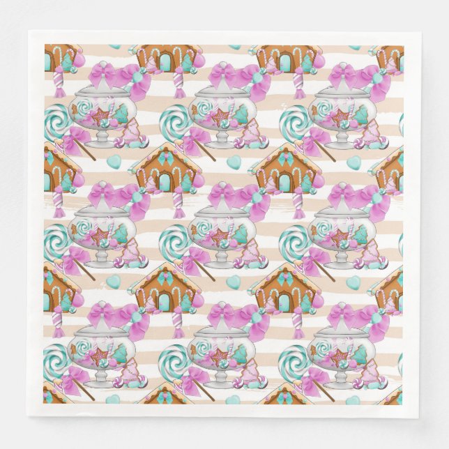 SERVIETTE EN PAPIER AQUA & PINK GINGERBREAD MAISONS & CANDIDES (Devant)