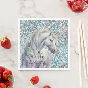 Serviette En Papier Aqua Silver Unicorn Parties scintillant étincelle