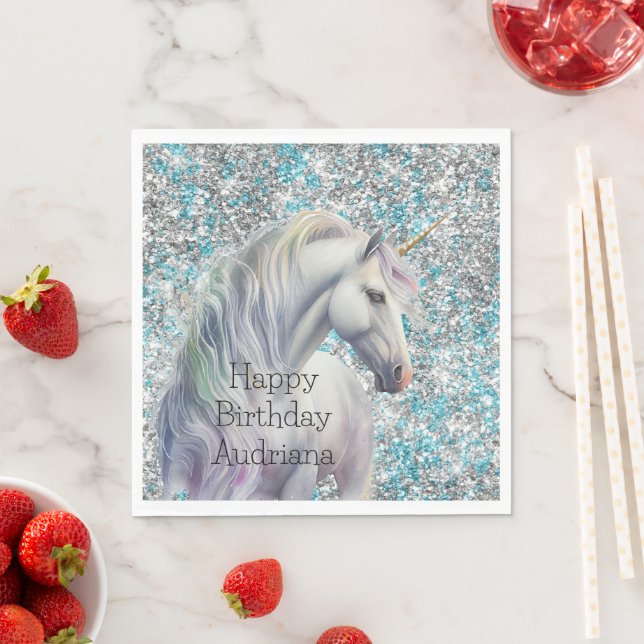 Serviette En Papier Aqua Silver Unicorn Parties scintillant étincelle  (En situation)