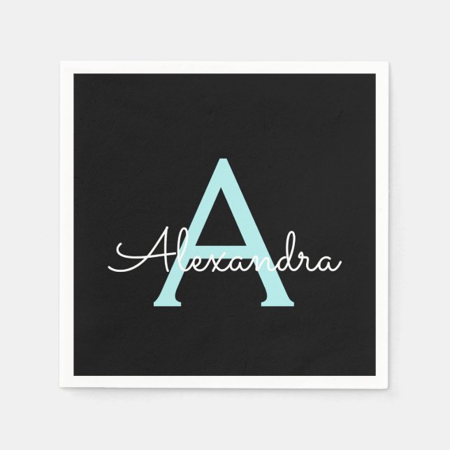 Serviette En Papier Aqua Teal Blue Script Girly Monogram (Devant)