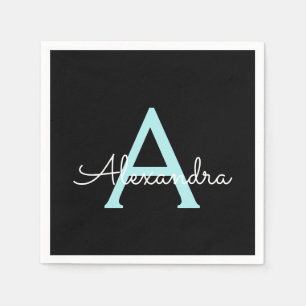 Serviette En Papier Aqua Turquoise Blue Script Girl Nom du monogramme