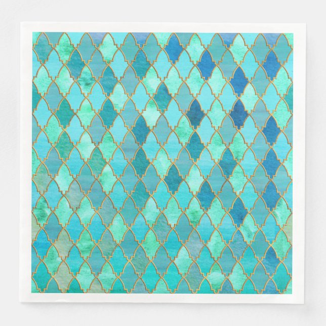 Serviette En Papier Aqua Turquoise Mint Gold Oriental Marocain Carrela (Devant)