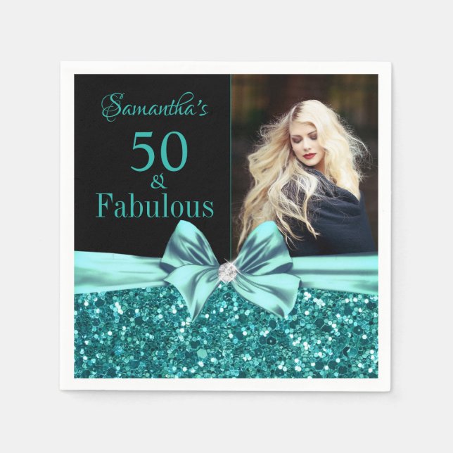 Serviette En Papier Aqua Turquoise Parties scintillant Bow 50e anniver (Devant)