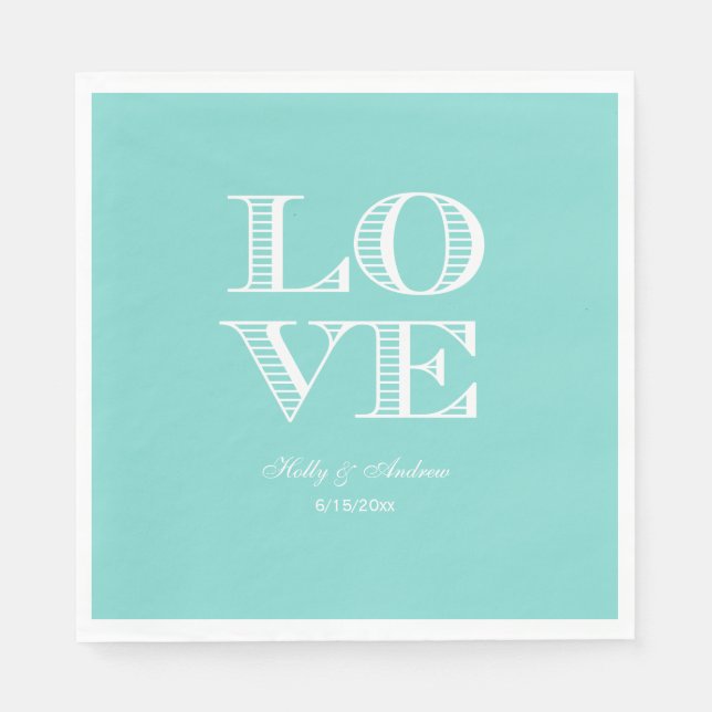 Serviette En Papier Aqua Turquoise, serviettes AMOUR Blanches (Devant)