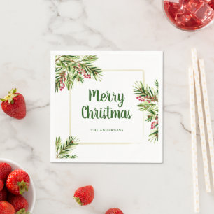 Serviette En Papier Aquarelle À feuillage persistant et baies Naples d