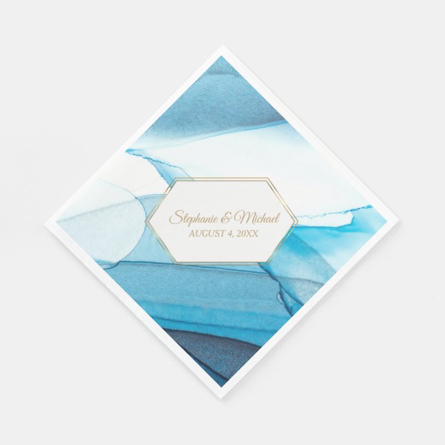 Serviette En Papier Aquarelle Abstraite bleue Mariage double cadre (Coin)