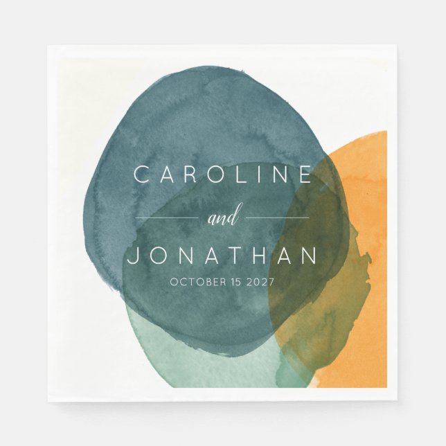 Serviette En Papier Aquarelle Abstraite jaune et Turquoise Mariage per (Devant)