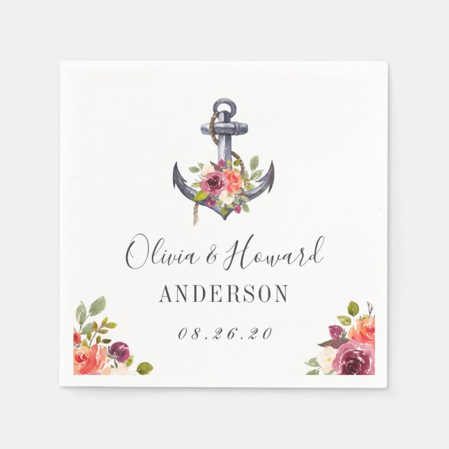 Serviette En Papier Aquarelle Ancre marine Mariage floral noeud (Devant)