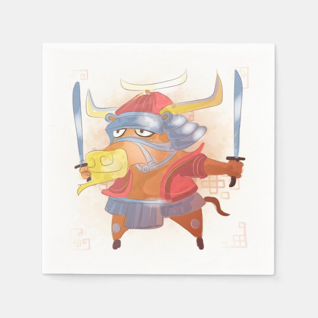 Serviette En Papier Aquarelle année du bœuf, Samouraï (Devant)