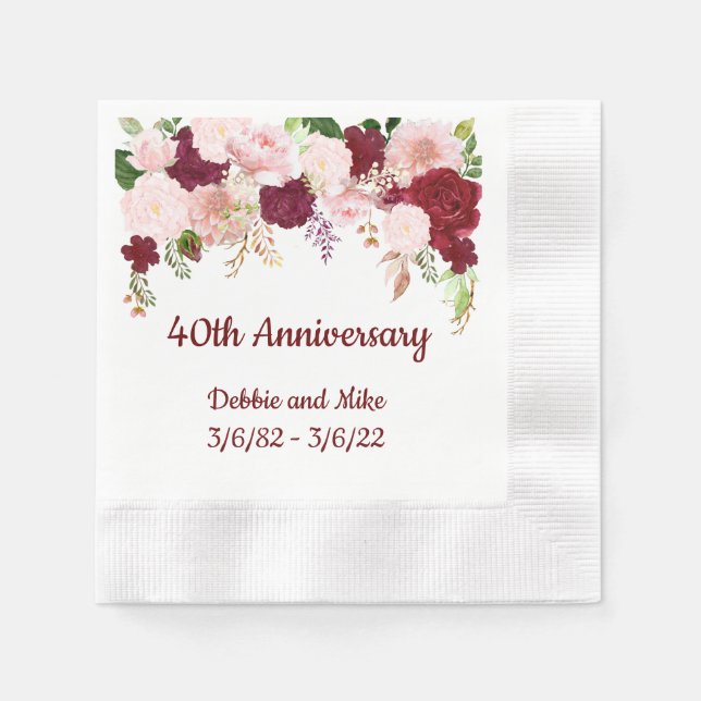 Serviette En Papier Aquarelle Anniversaire Fleur Drop Rose Bourgogne (Devant)