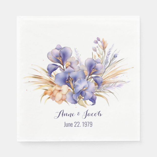 Serviette En Papier Aquarelle Anniversaire Purple Iris Bouquet (Devant)
