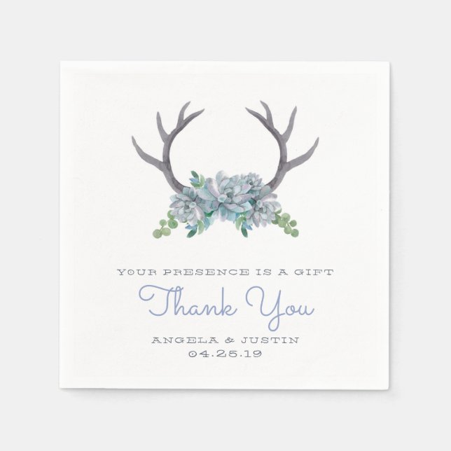 Serviette En Papier Aquarelle Antlers et Mariage campagnard Echeveria (Devant)