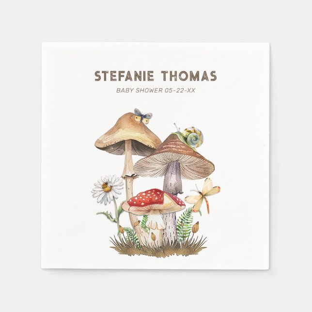 Serviette En Papier Aquarelle Baby shower de champignons | Bois (Devant)