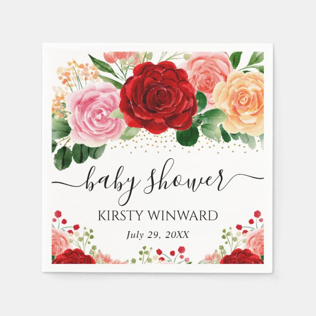 Serviette En Papier Aquarelle Baby shower de roses rouge et jaune (Devant)
