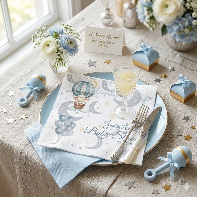 Serviette En Papier Aquarelle Baby Shower Moutons et Ballons Célestes (Créateur téléchargé)