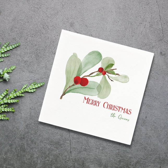 Serviette En Papier Aquarelle Baies de houx Joyeux Noël simple (Simple Watercolor Greenery Merry Christmas Napkins)
