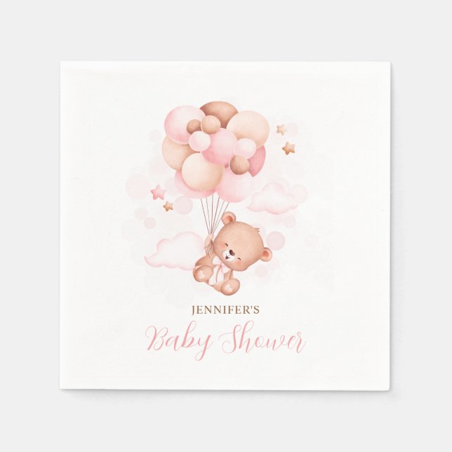 Serviette En Papier Aquarelle Ballons roses Baby shower Ours en Teddy (Devant)