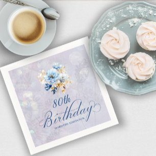Serviette En Papier Aquarelle Bleu Blanc Floral 80e anniversaire