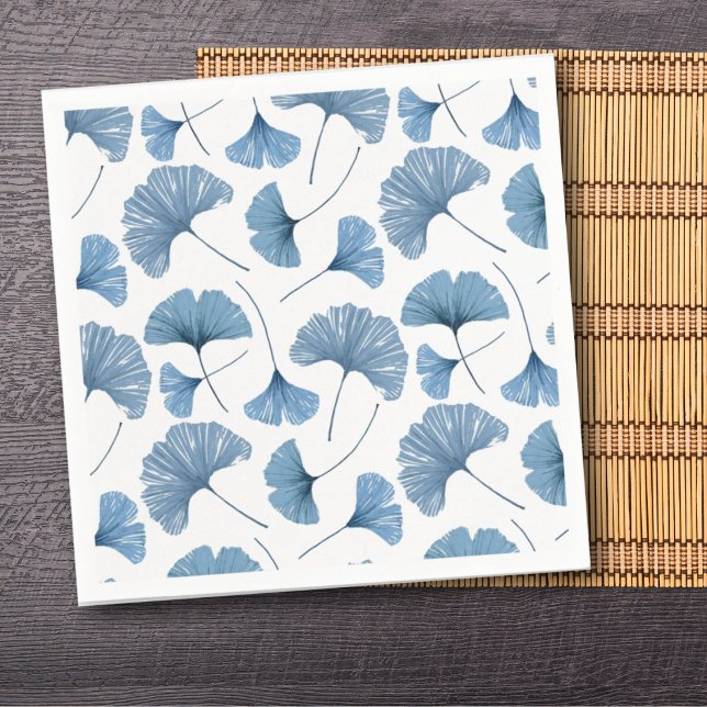 Serviette En Papier Aquarelle Bleu & Blanc Ginkgo Motif de feuillage (Créateur téléchargé)