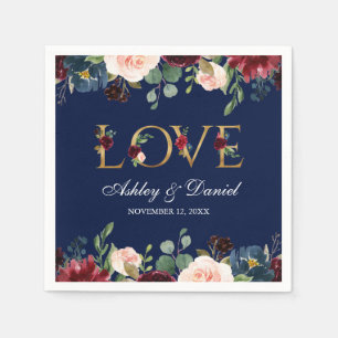Serviette En Papier Aquarelle Bleu Bourgogne Floral Gold Mariage