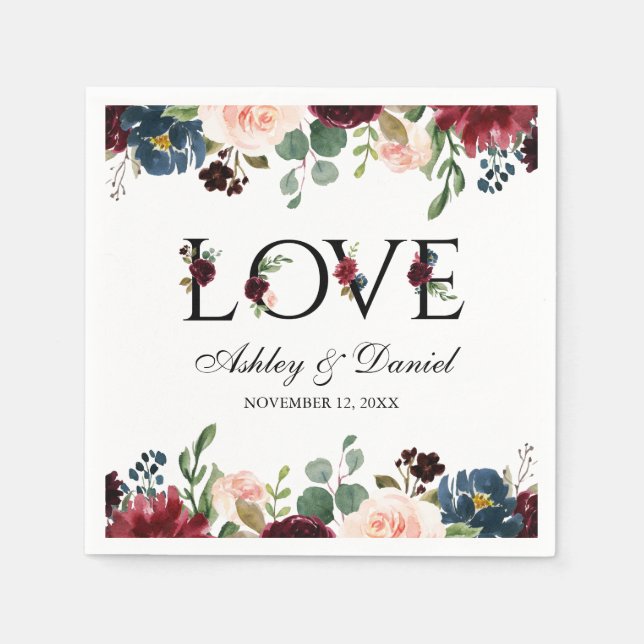 Serviette En Papier Aquarelle Bleu Bourgogne Floral Love Mariage (Devant)