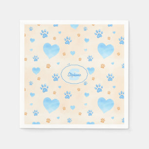 Serviette En Papier Aquarelle Bleu Coeurs et Empreintes de pattes Moti
