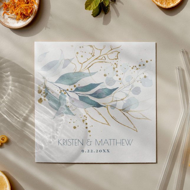 Serviette En Papier Aquarelle Bleu Duché Floral Élégant Mariage (Dusty blue elegant greenery with gold accents for a boho feel that will step up cocktail hour.)