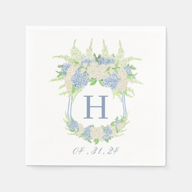 Serviette En Papier Aquarelle Bleu et Blanc Hydrangea Crest (Devant)