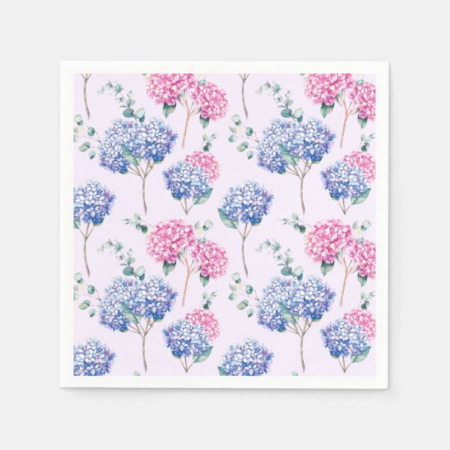 Serviette En Papier Aquarelle Bleu et rose Hydrangeas motif floral (Devant)