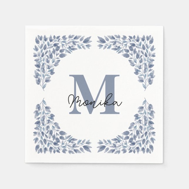 Serviette En Papier Aquarelle Bleu Feuille bundle Lettre M Monogramme (Devant)