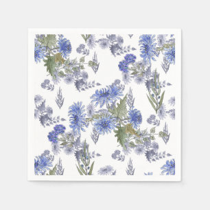 Serviette En Papier Aquarelle bleu fleurs roses plumes blanc