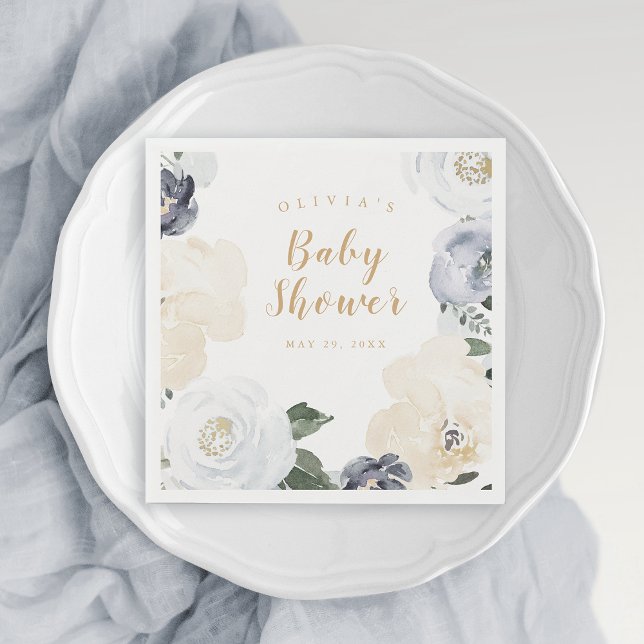 Serviette En Papier aquarelle bleu foncé baby shower floral (watercolor dusty blue floral baby shower napkins)
