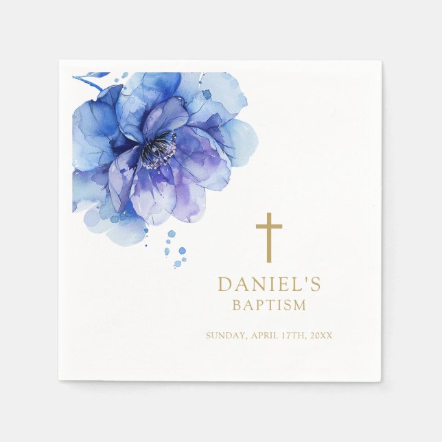 Serviette En Papier Aquarelle bleu foncé moderne Baptême floral (Devant)