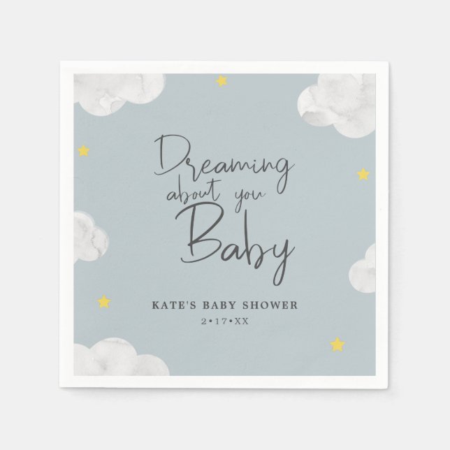 Serviette En Papier Aquarelle bleu gris nuages Baby shower garçon (Devant)