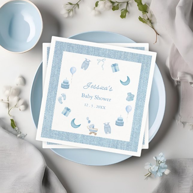 Serviette En Papier Aquarelle Bleu Jean Bébé Baby shower Denim (Créateur téléchargé)