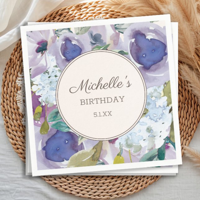 Serviette En Papier Aquarelle bleu Lilac Dusty Anniversaire florale (Purple watercolor floral women's birthday party paper napkins)