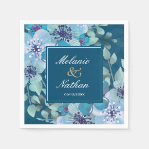 Serviette En Papier Aquarelle bleu marine et bleu clair Floral Élégant