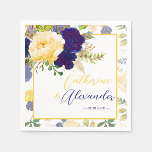 Serviette En Papier Aquarelle bleu marine jaune Mariage