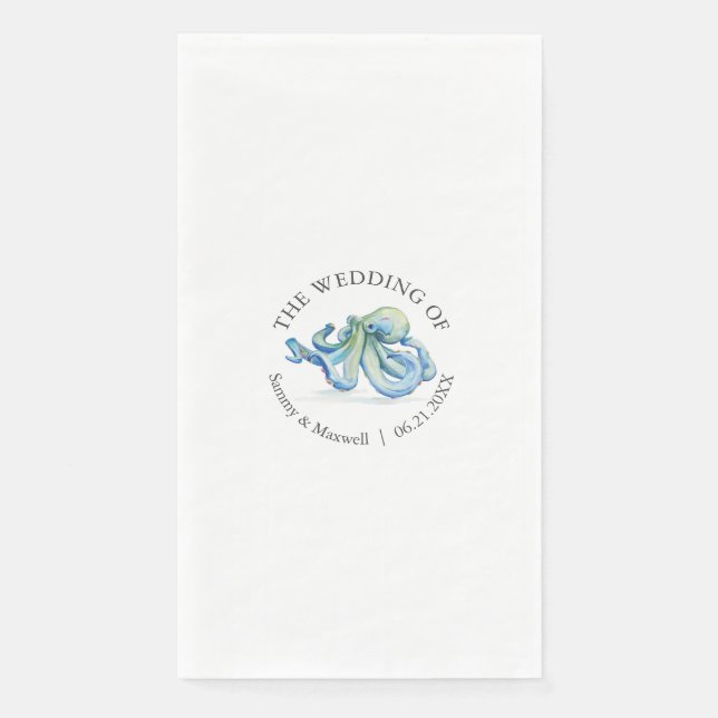 Serviette En Papier Aquarelle Bleu Octopus Plage Mariage personnalisé (Devant)