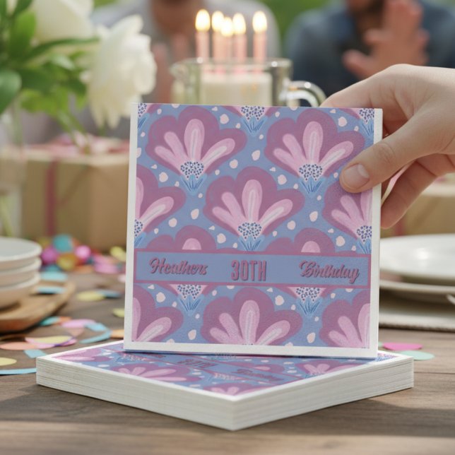 Serviette En Papier Aquarelle bleu rose personnalisé Fleur Anniversair (Hand painted pink and blue flowers with an area to customize make these paper napkins chic and cute)