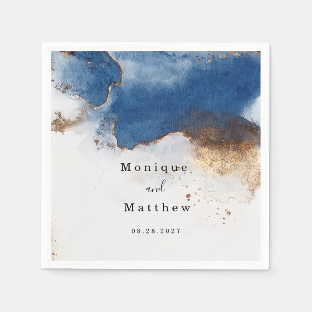 Serviette En Papier Aquarelle bleu rouille cuivre or Agate Mariage (Devant)