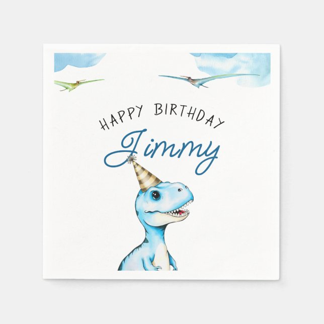 Serviette En Papier Aquarelle Bleu Trois Rex Dinosaur Anniversaire (Devant)