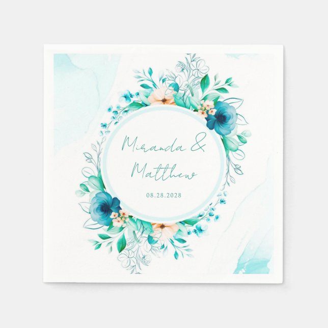 Serviette En Papier Aquarelle bleu turquoise Floral Mariage géométriqu (Devant)