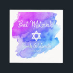 Serviette En Papier Aquarelle bleu violet étoile de David Bat mitzvah<br><div class="desc">Perfect moderne cocktail jetable serviettes en papier dans le bleu turquoise violet aquarelle design avec le blanc Star of David. Bat mitzvah facile à personnaliser en ajoutant nom et date d'option. Parfait pour la cérémonie religieuse juive fille</div>