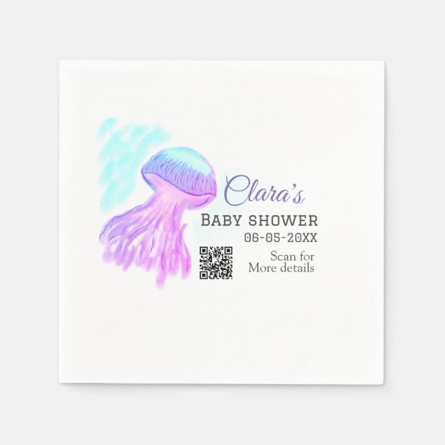 Serviette En Papier Aquarelle bleu violet pastel méduse bébé chausson (Devant)