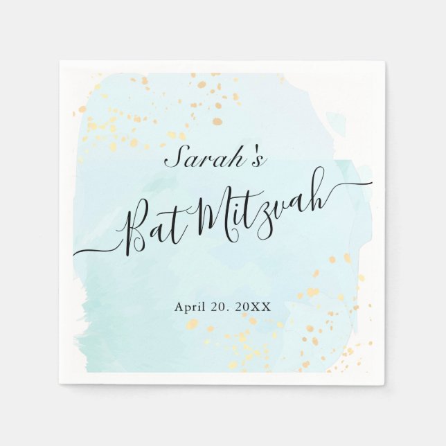 Serviette En Papier Aquarelle Bleu x Bat mitzvah Or (Devant)
