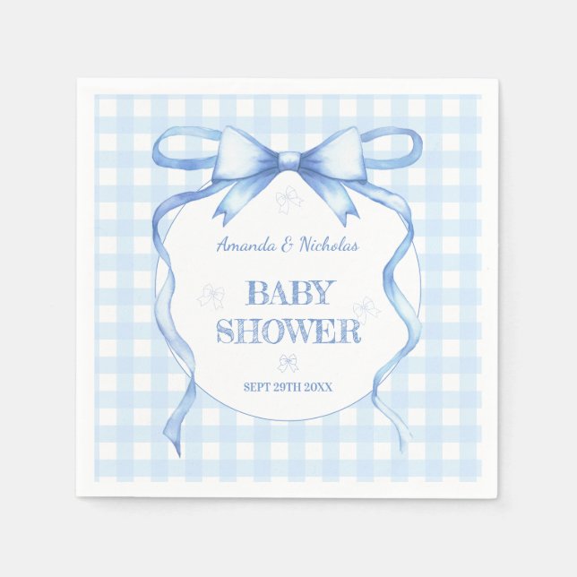 Serviette En Papier Aquarelle bleue Bow En vichy bébé garçon douche (Devant)