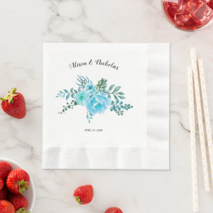 Serviette En Papier Aquarelle bleue cactus fleurs mariage floral