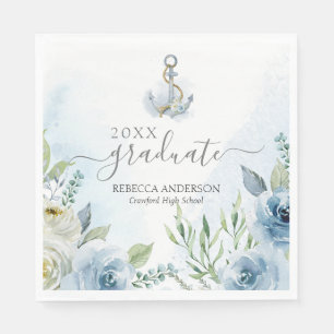 Serviette En Papier Aquarelle Bleue délicate Ancres florales Graduatio