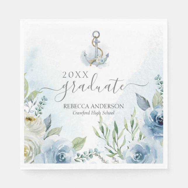 Serviette En Papier Aquarelle Bleue délicate Ancres florales Graduatio (Devant)